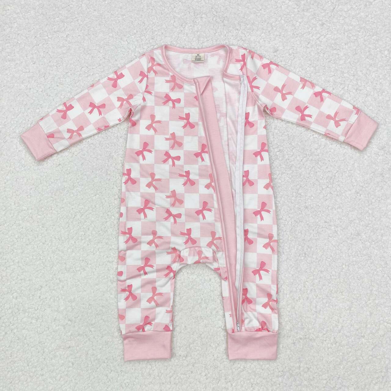 Toddle baby girls pink checkered  bow bamboo zip romper