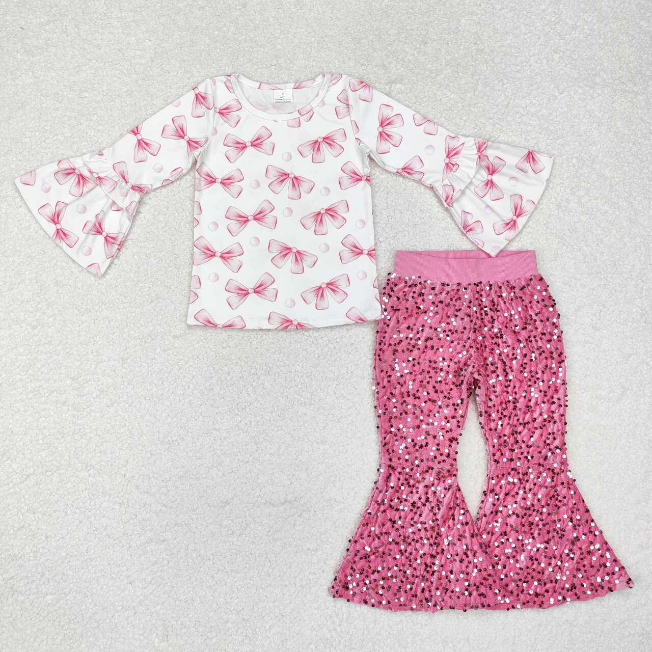 Pink bow long sleeve top pink sequins bell bottoms clothes set