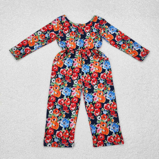 Wholesale kids baby girls orange blue floral wide leg jumpsuit