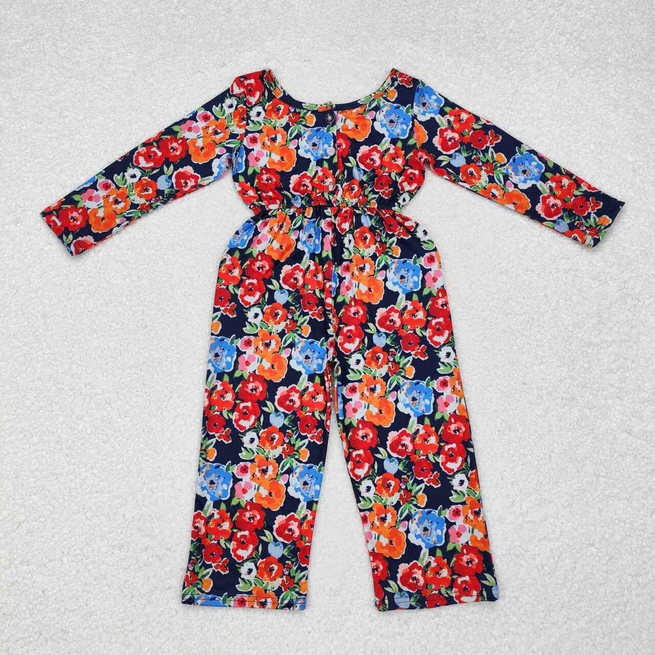 Wholesale kids baby girls orange blue floral wide leg jumpsuit