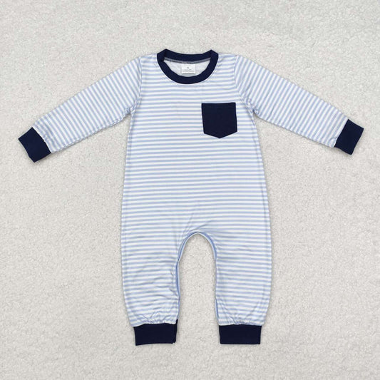 Wholesale kids baby boy blue stripes pocket romper