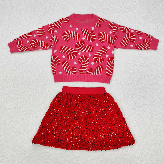 Christmas candy cane sweater matching red sequins skirt winter clothes outfit