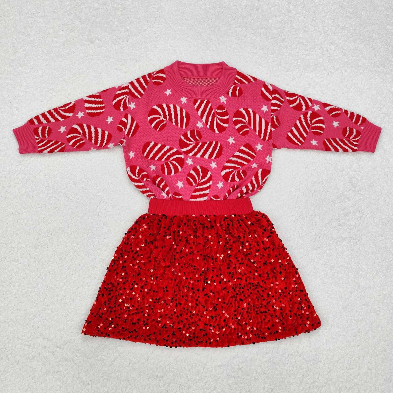 Christmas candy cane sweater matching red sequins skirt winter clothes outfit