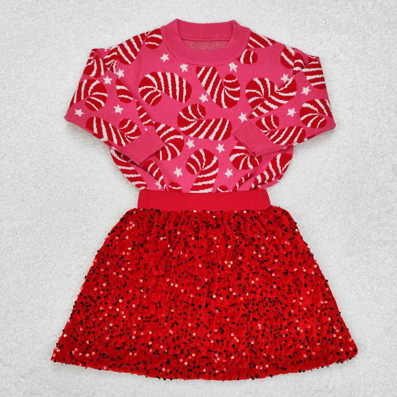 Christmas candy cane sweater matching red sequins skirt winter clothes outfit