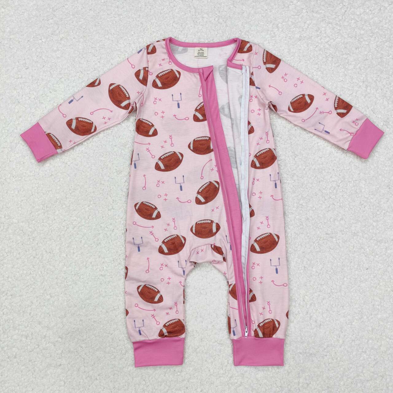 toddle baby boy pink football long sleeve bamboo zip romper