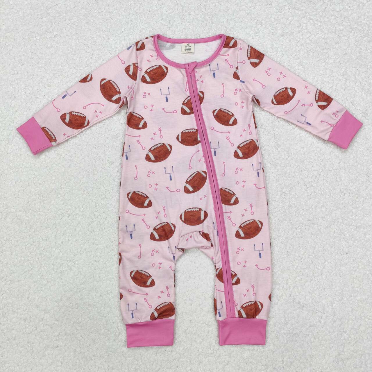 toddle baby boy pink football long sleeve bamboo zip romper