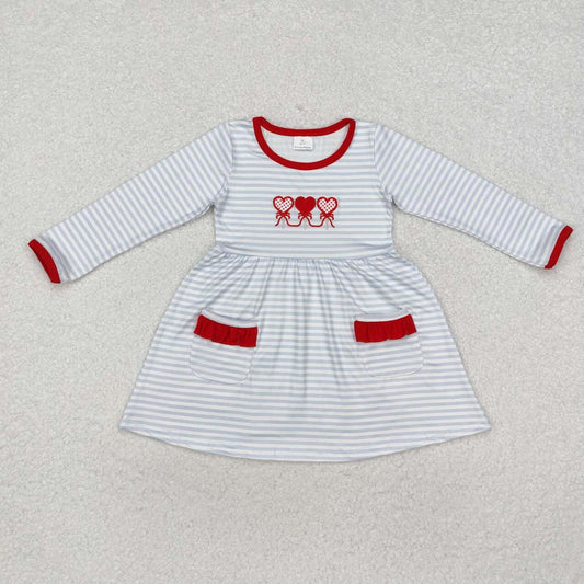 Valentines embroidery heart grey stripes long sleeve dress