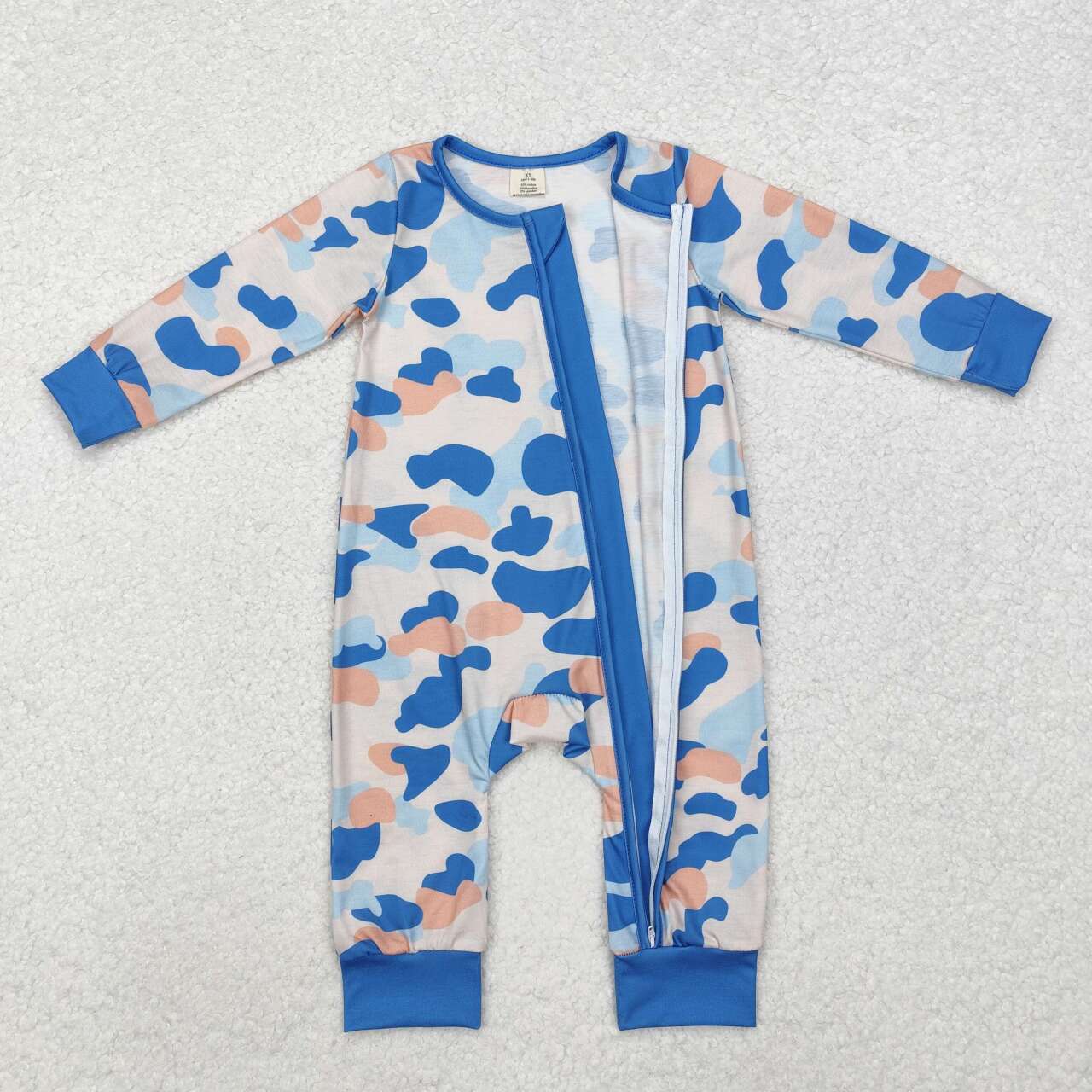 baby boy blue camo long sleeve bamboo zip romper