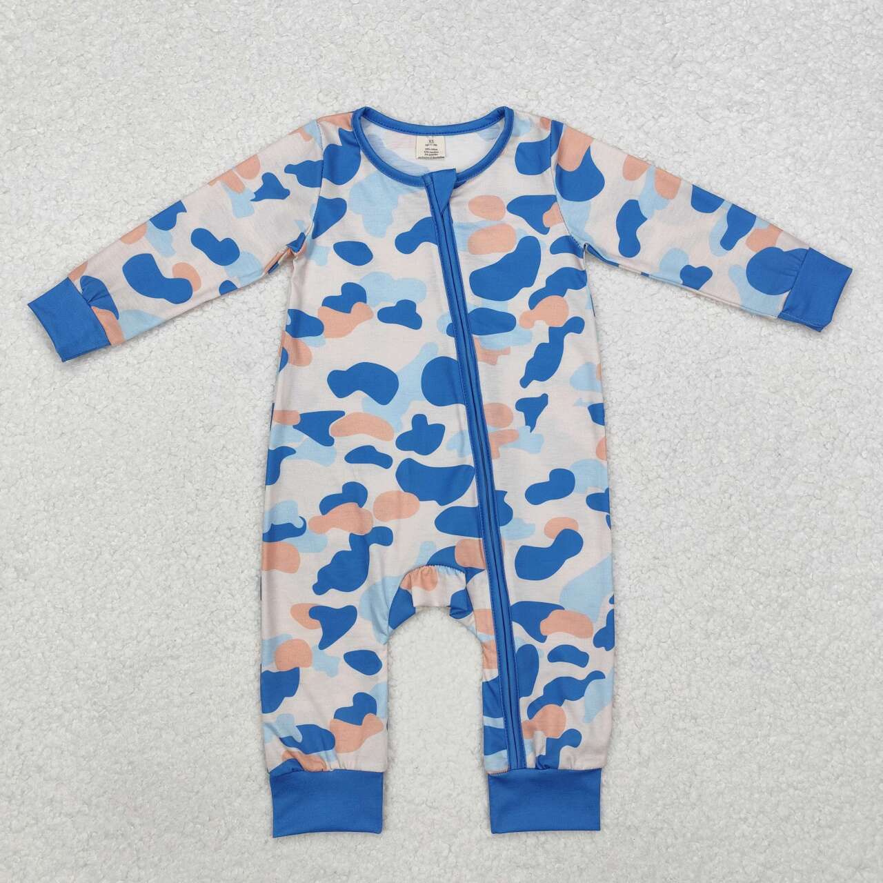 baby boy blue camo long sleeve bamboo zip romper