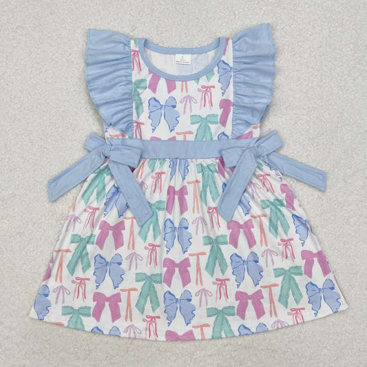 Toddle baby girls blue pink bow short sleeve boutique dress