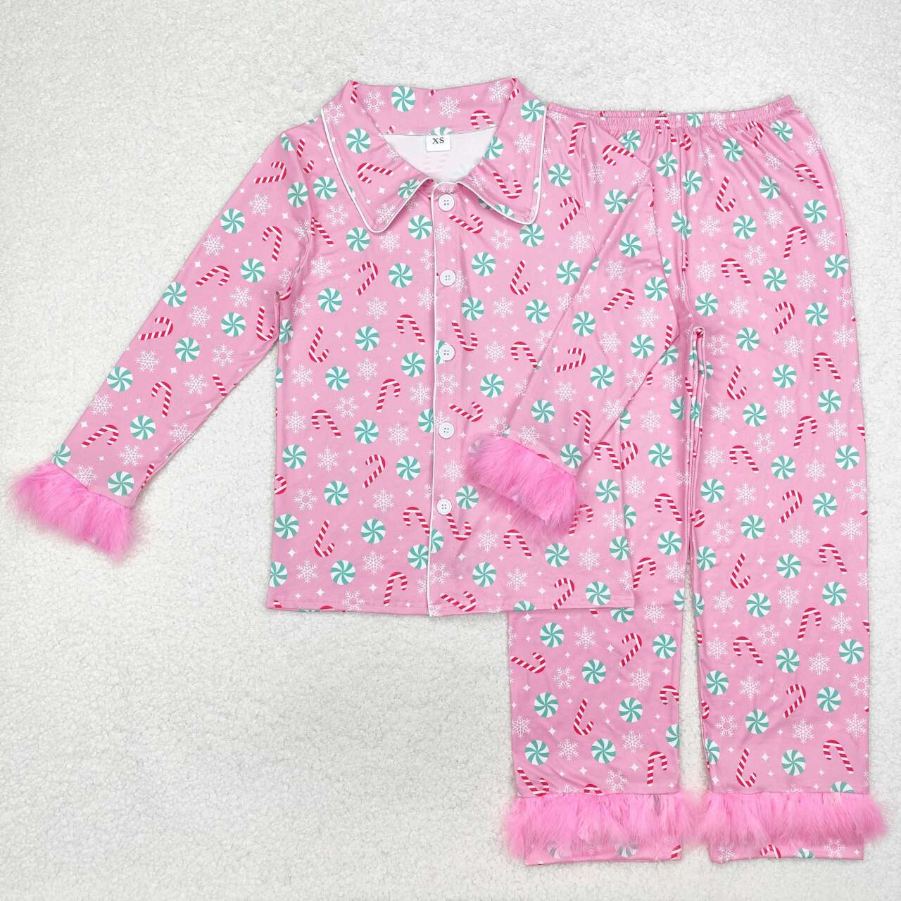 Adult women snowflake candy cane button down pajama set