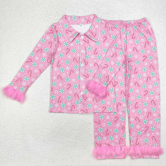 Adult women snowflake candy cane button down pajama set