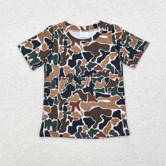 Dark Green Brown Short Sleeve Camo Top