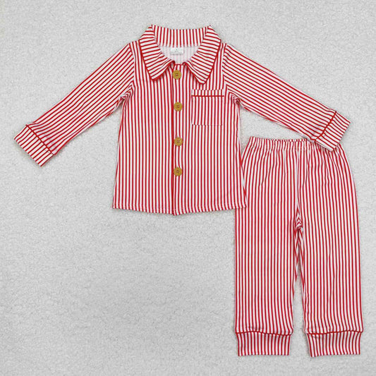 baby boy Christmas red stripes button down long sleeve pajama set