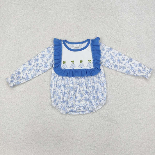 infant baby girl christmas tree blue floral romper