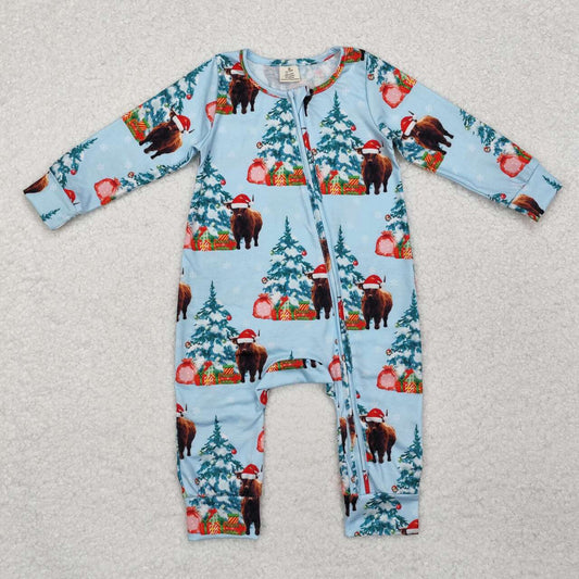 Toddle baby girls Christmas tree highland cow winter bamboo zip romper