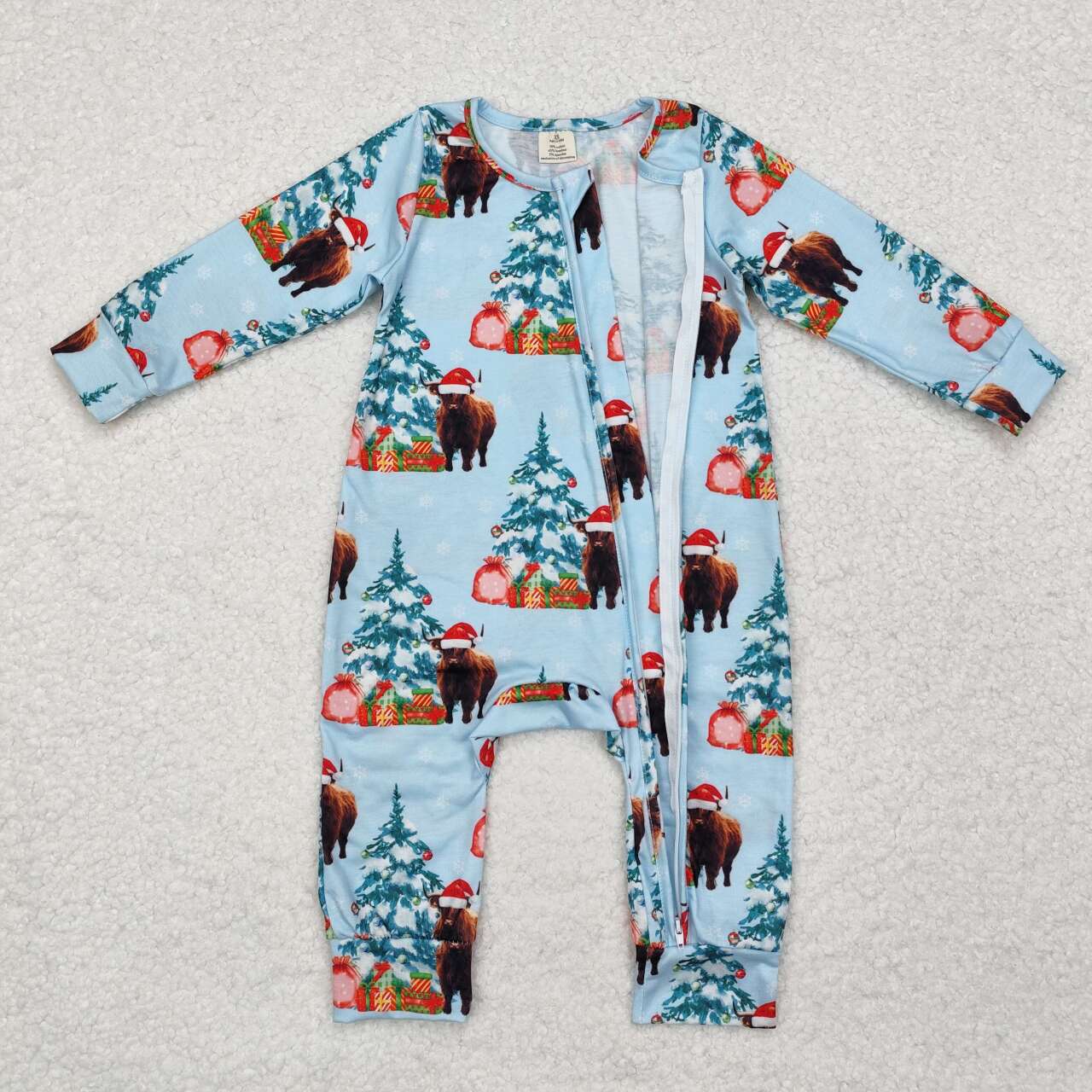 Toddle baby girls Christmas tree highland cow winter bamboo zip romper