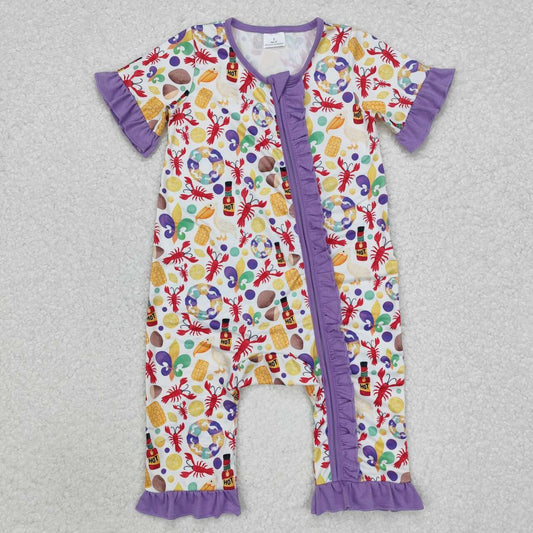 Toddle baby Mardi Gras crawfish corn zip romper