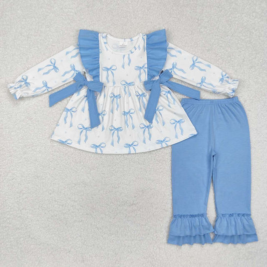 baby girl blue bow tunic top matching ruffle pants boutique fall winter clothes