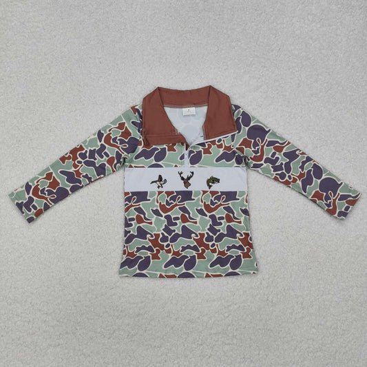 Embroidery Mallard Duck Reindeer Fishing Camo Long Sleeve Top