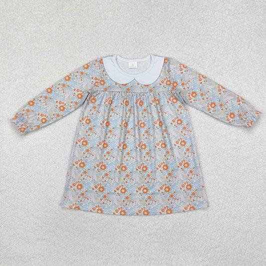 Wholesale toddle baby girls blue orange flower print long sleeve dress