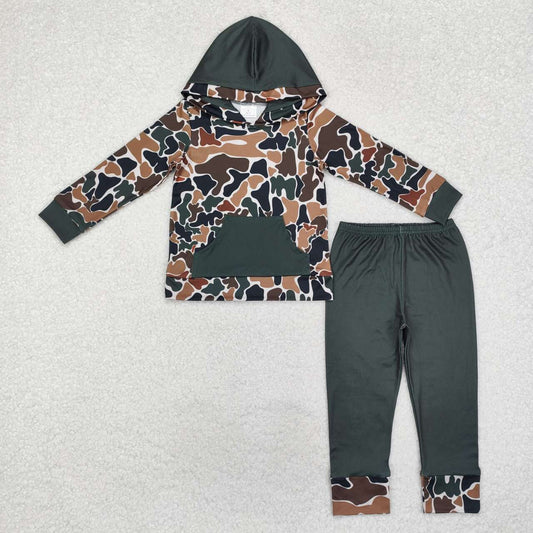 Wholesale baby boy dark green camo design hoodie set