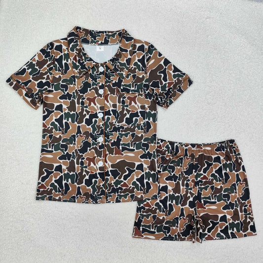 Adult women green brown camo short sleeve pajama set