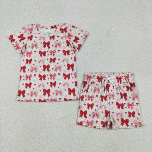 Red pink bow top matching shorts girls summer outfit