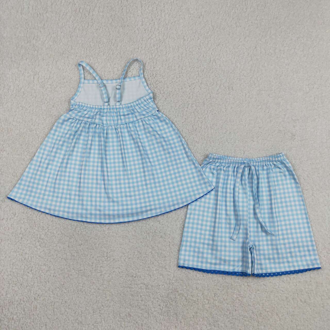Blue plaid design top matching shorts girls summer outfit