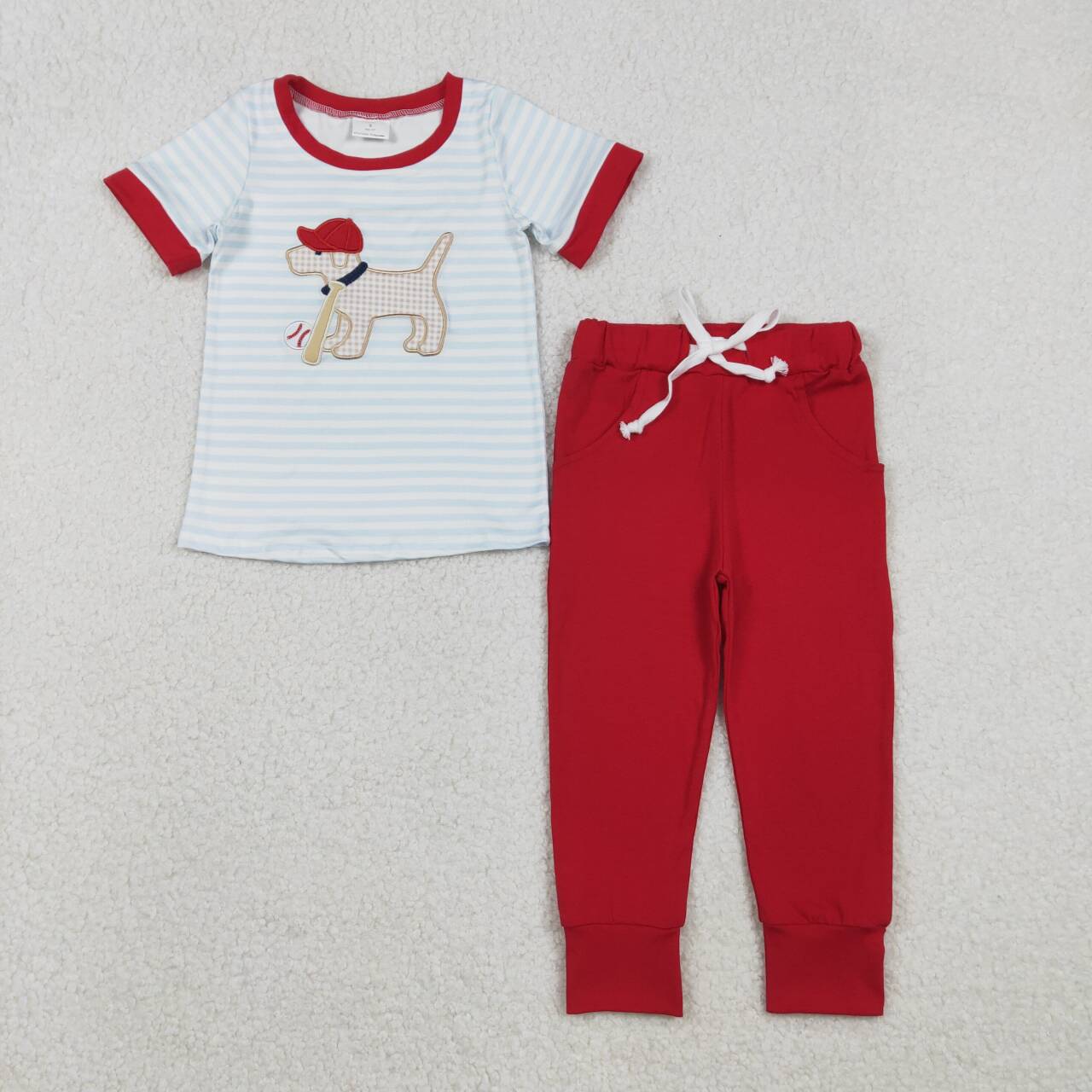 Embroidery Baseball Dog top matching pants baby boy outfit