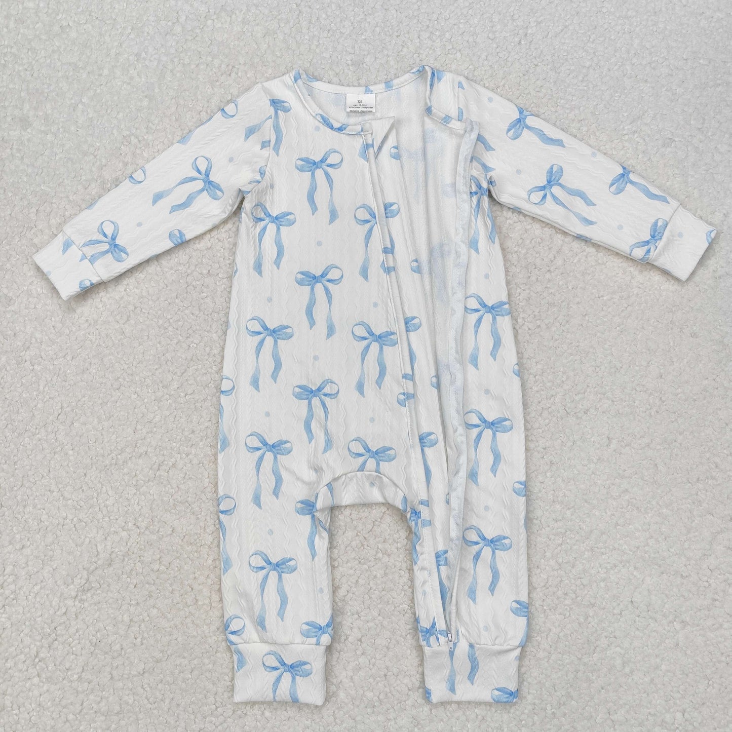 Infant baby boy blue bow long sleeve cable zip romper