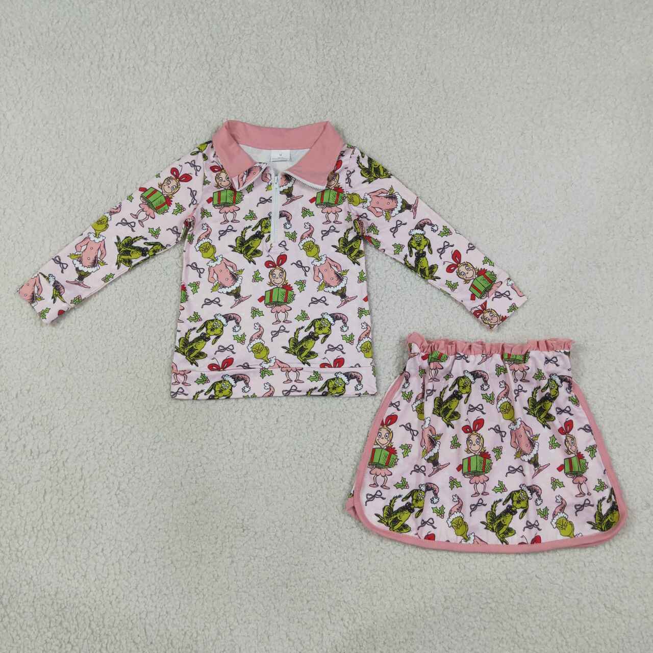 Christmas greenface pullover matching skort  girls long sleeve outfit