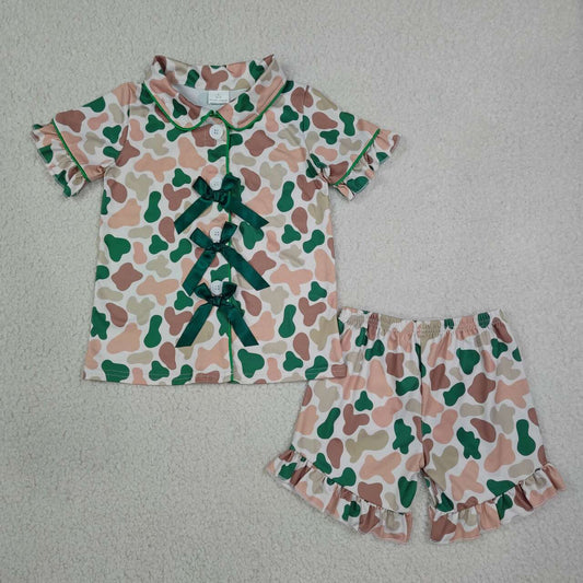 Green brown camo top matching shorts girls pajama set