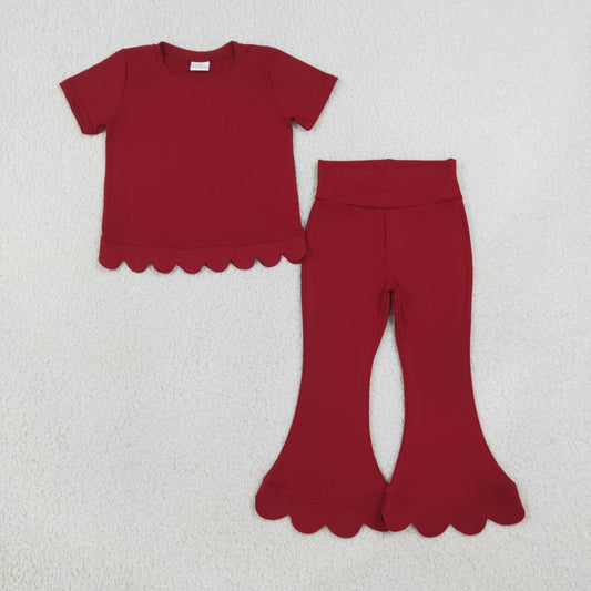 Girl wine red color short sleeve scallop top matching pants wholesale outfit
