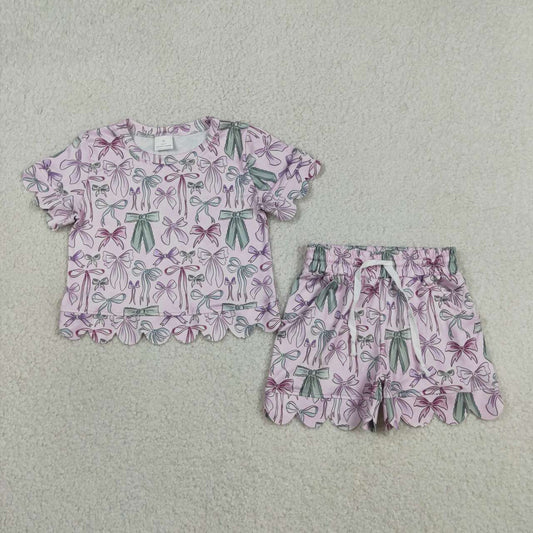 Colorful bow design top matching shorts girls summer outfit