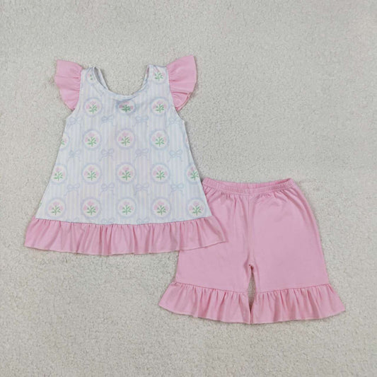 blue bow floral  kids girls summer outfit