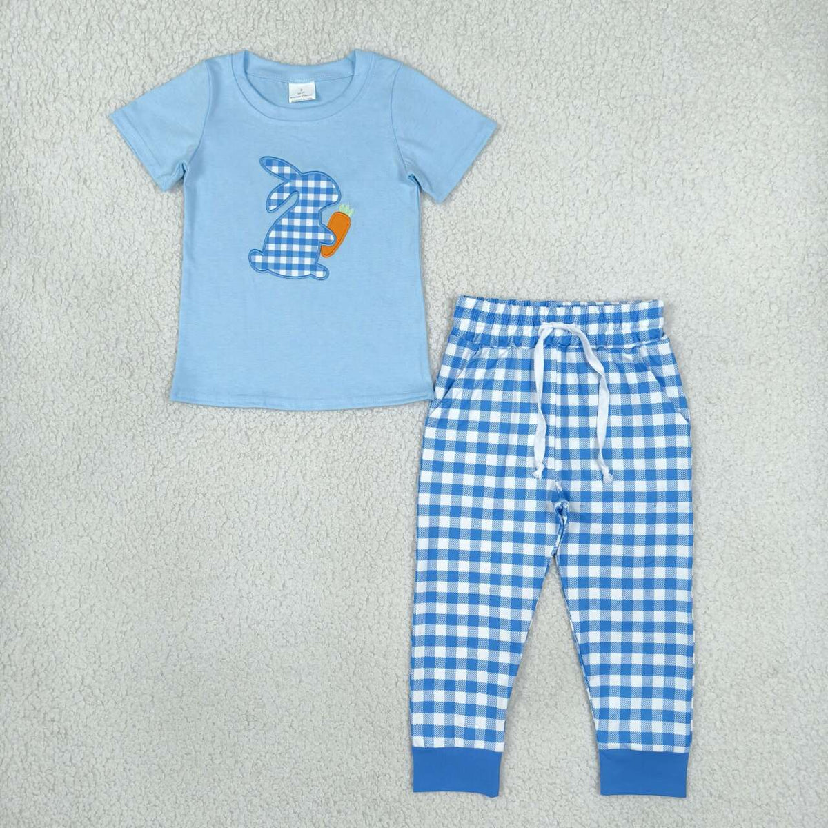 Short sleeve Easter bunny embroidery top matching pants boy outfit