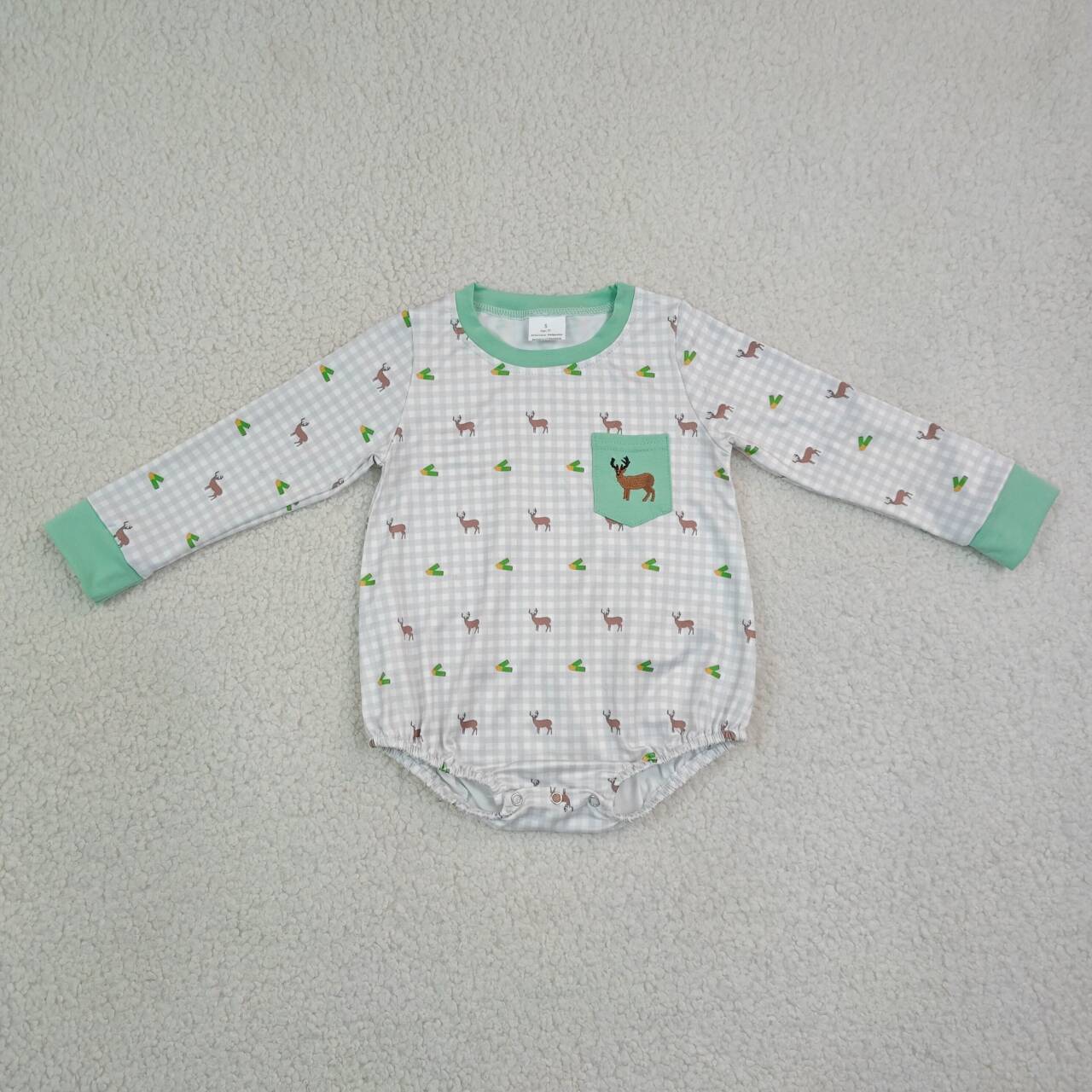 Toddle baby boy embroidery deer grey plaid romper