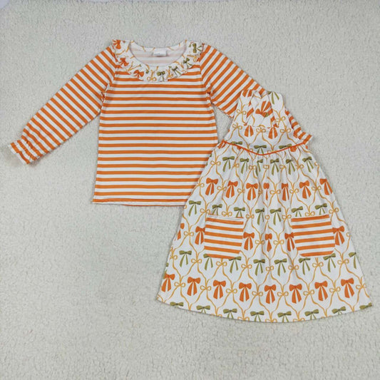Girls orange stripe shirt matching dress outfit