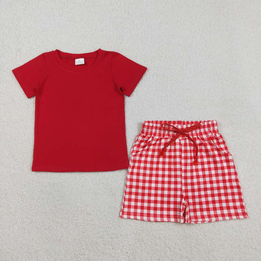 Red top matching plaid shorts boy summer outfit