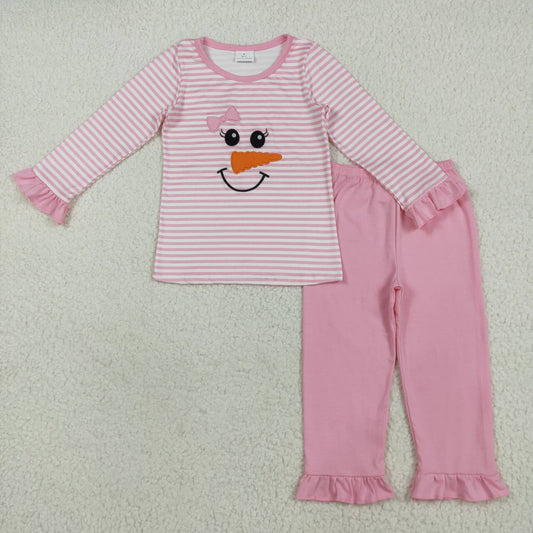 Embroidery Christmas snowman girl long sleeve pajama set clothes