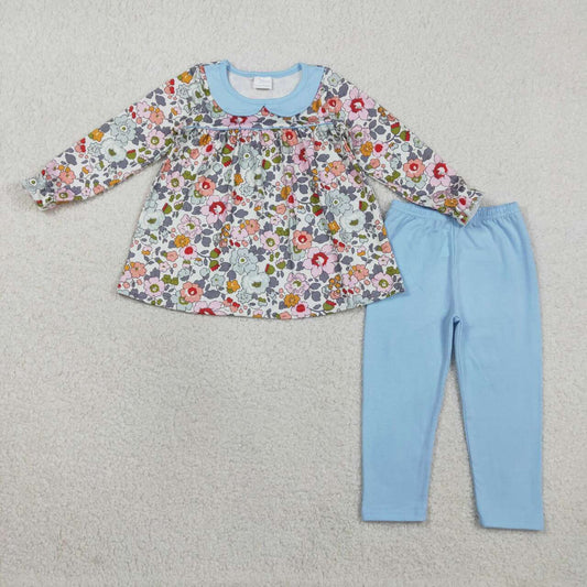 Blue pink flowers shirt matching pants design kids long sleeve outfit