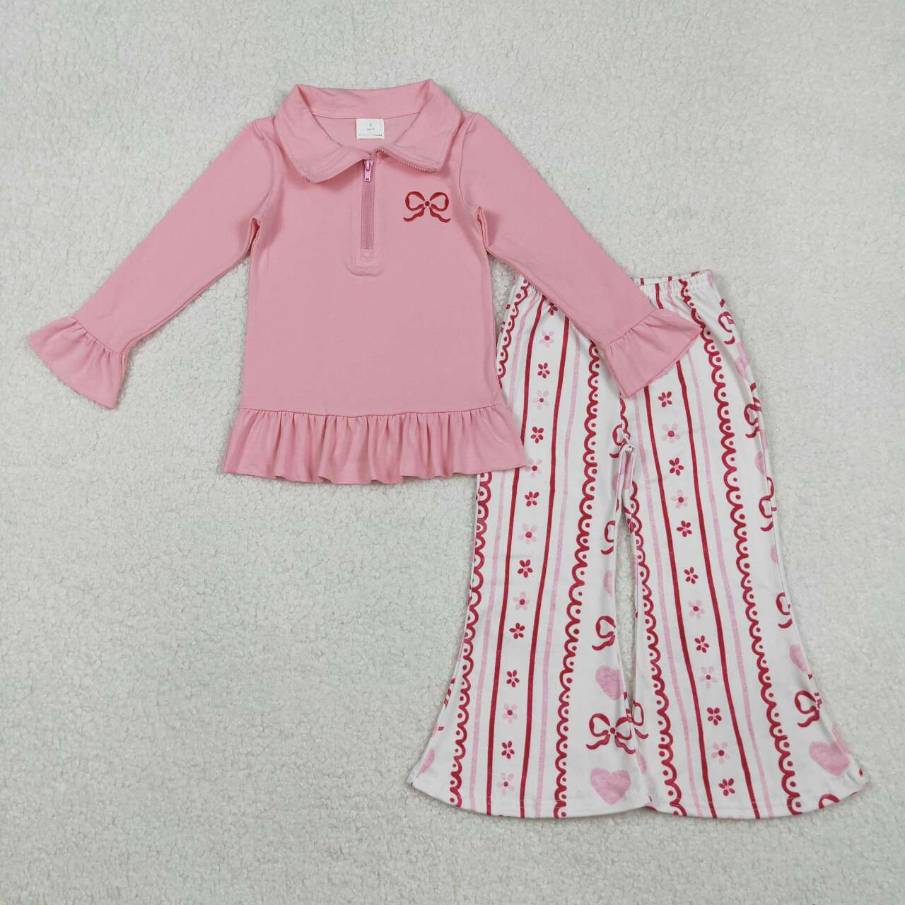 Embroidery bow pullover matching pants design kids spring fall long sleeve outfit