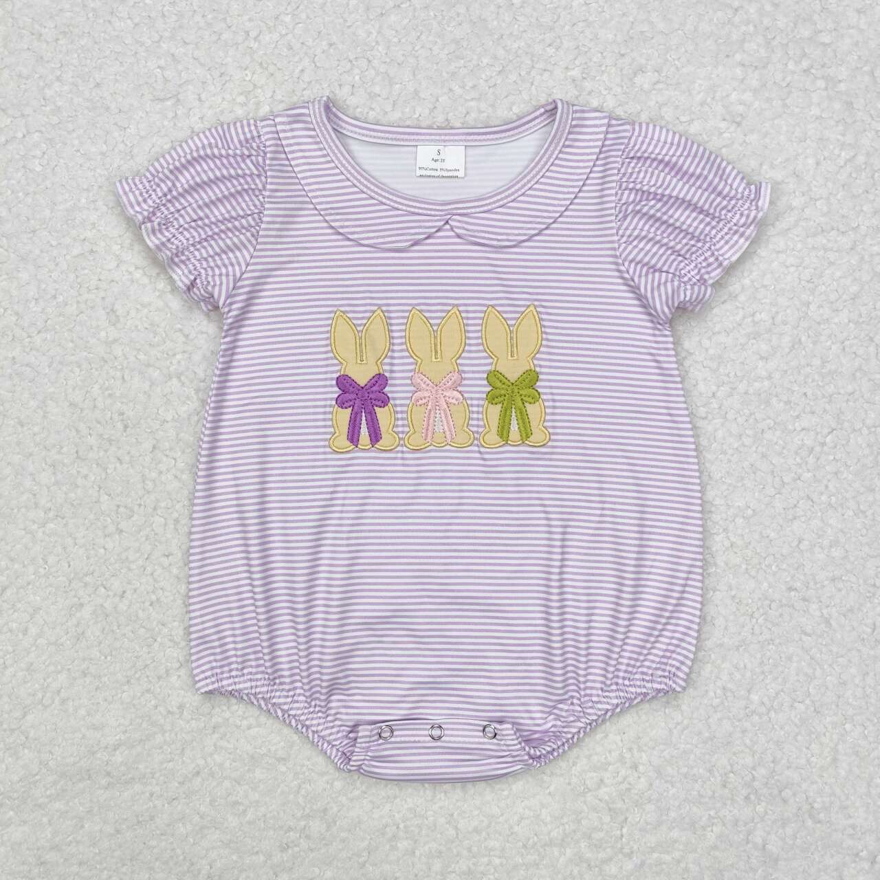 Embroidery Easter bunny lavender stripes kids romper