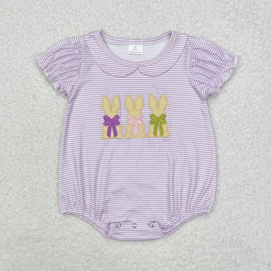 Embroidery Easter bunny lavender stripes kids romper