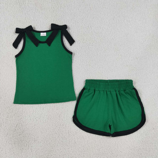 Green black bow top matching shorts girls summer outfit