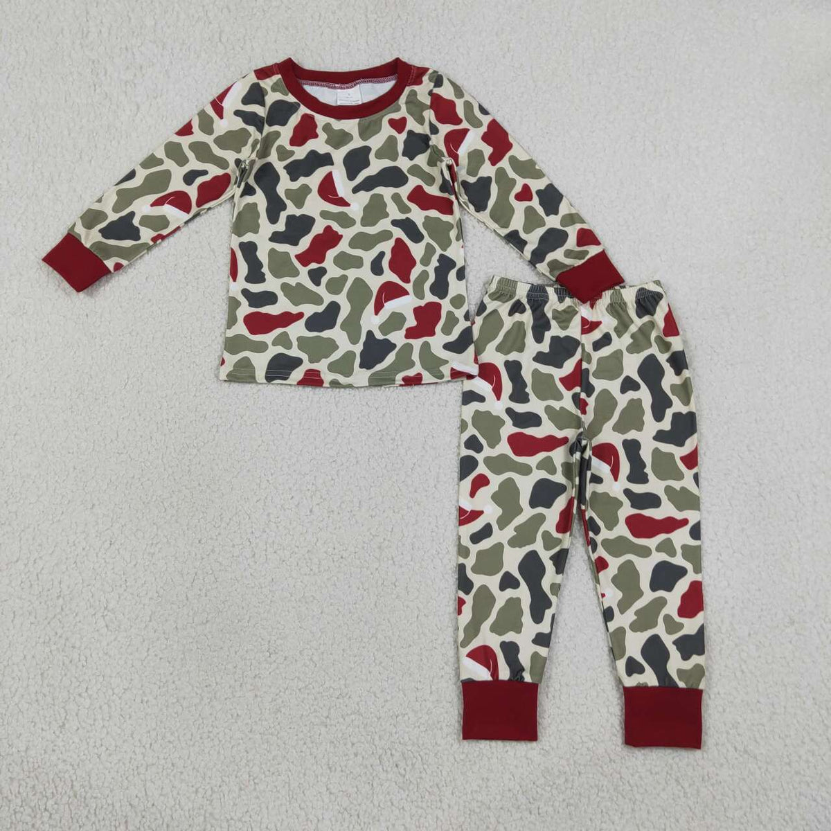 Christmas green red camo print bouy long sleeve pajama set