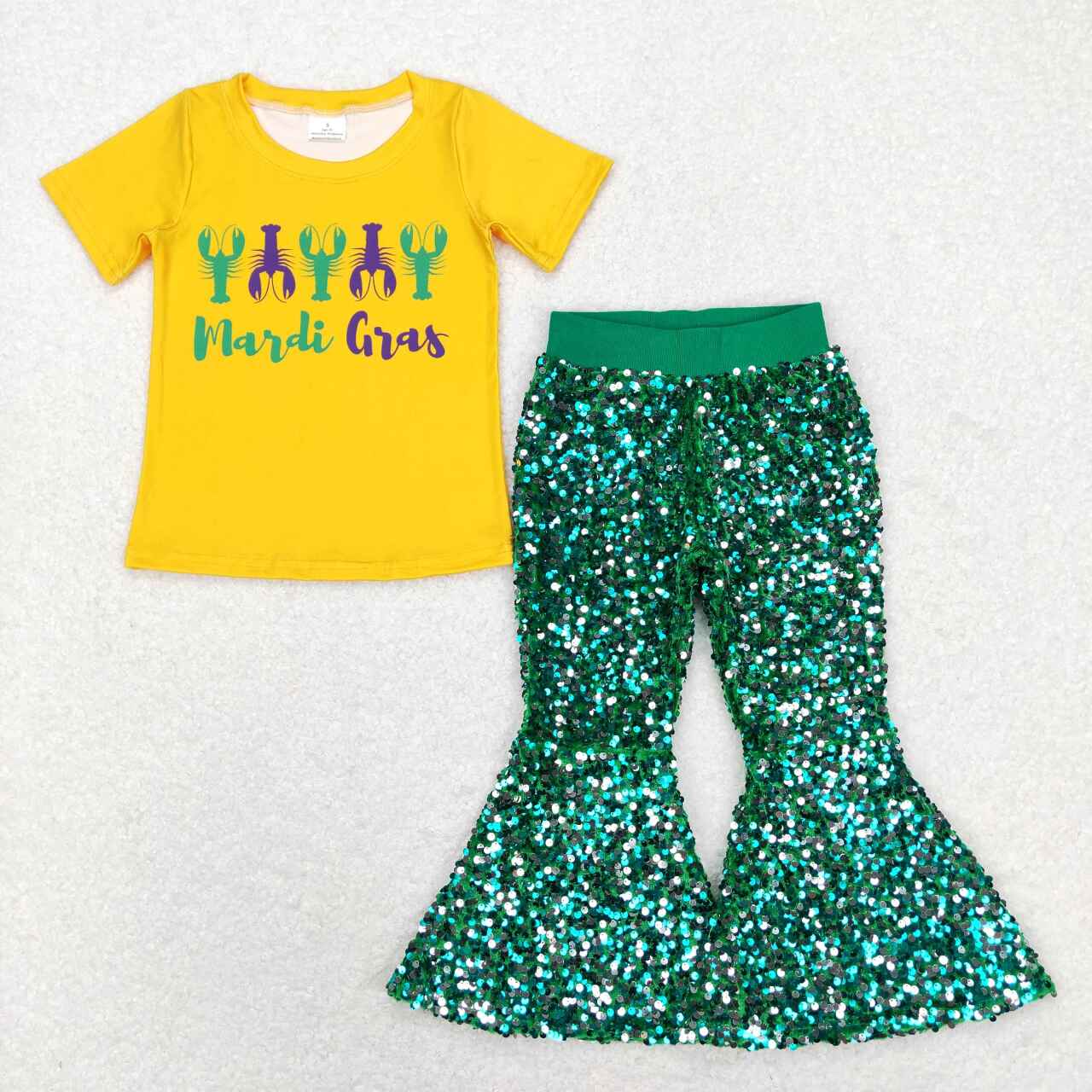 Mardi Gras yellow shirt green sequins bell bottoms outfit