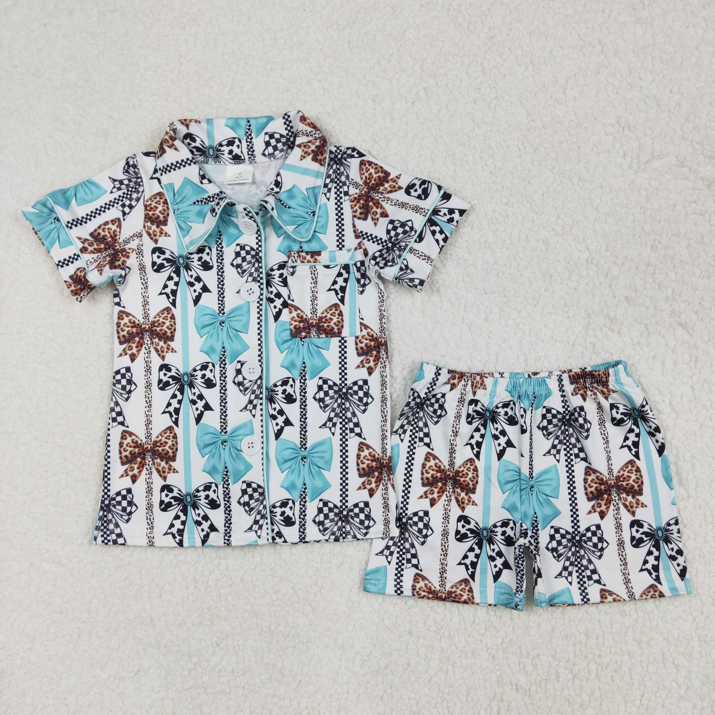 Baby girl cheetah checkered bow summer pajama set outfit