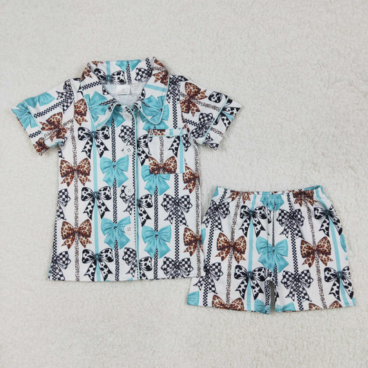 Baby girl cheetah checkered bow summer pajama set outfit